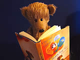 A teddy bear reading a book